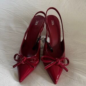 Zara Burgundy Patent Slingback Pointed-Toe Pumps with Bow